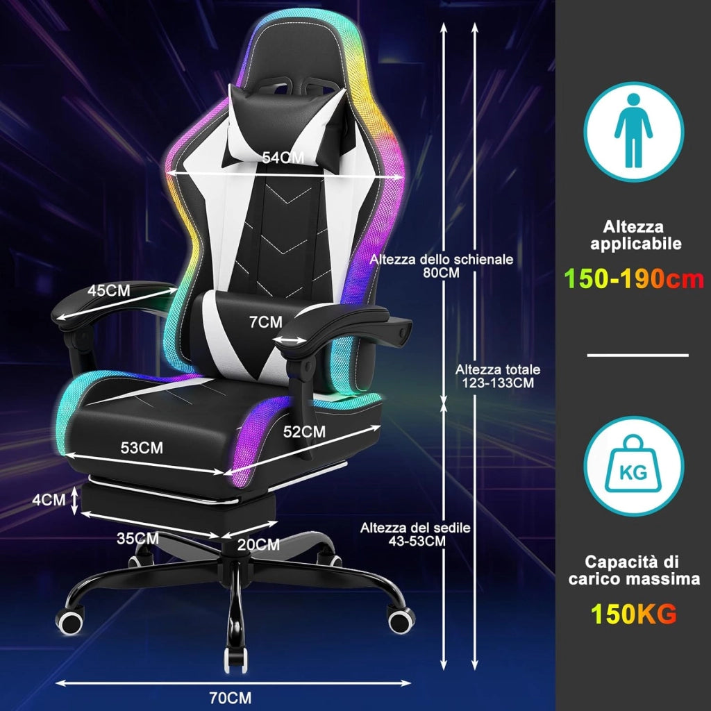 Sedia da Gaming con Massaggiante Schienale Regolabile 90-135°, Sedia Gaming con LED e Poggiapiedi Telescopico,Poltrona Gaming Ergonomica Portata 150 kg (Bianca)