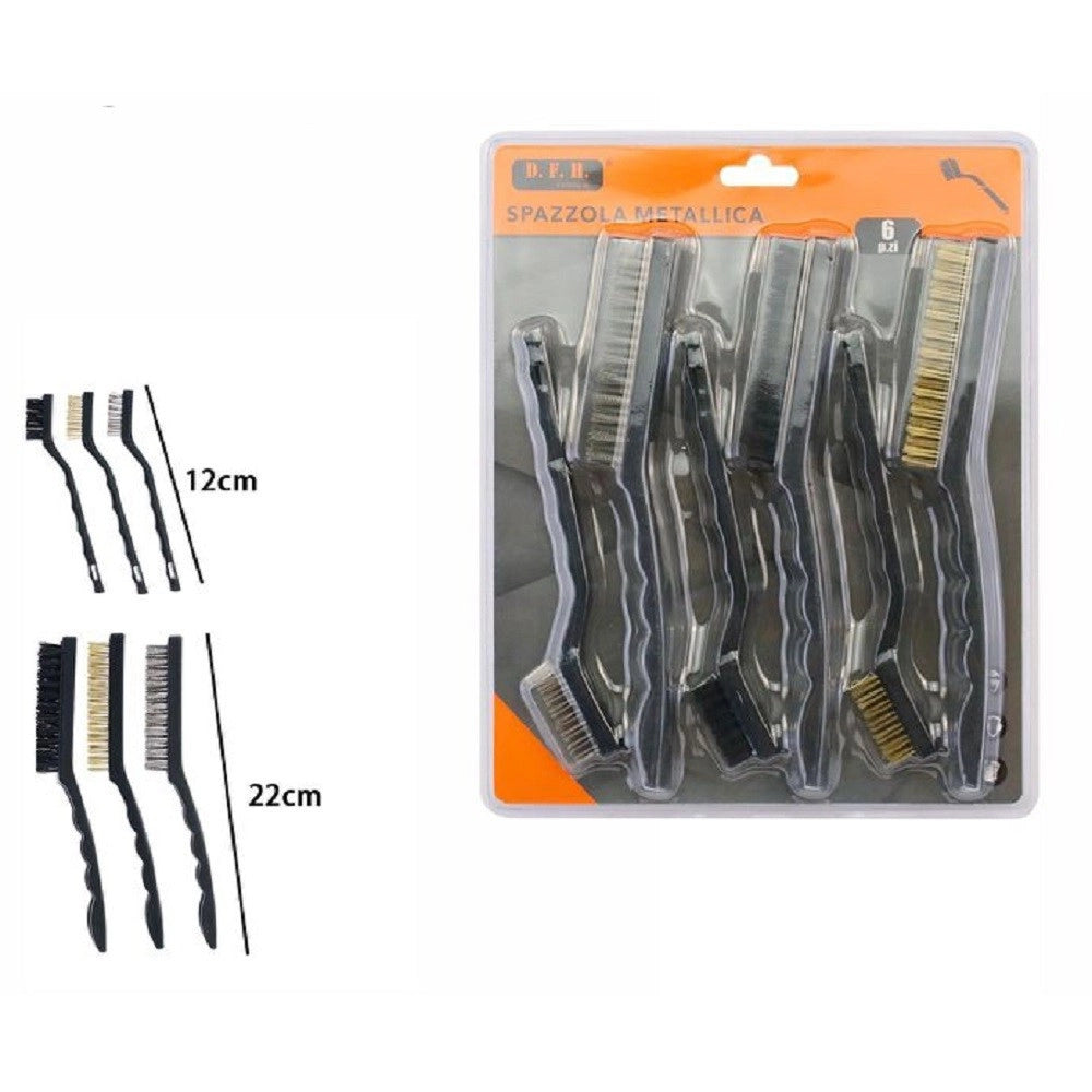 Trade Shop - Set 6 Pz Spazzola Metalliche Per Ferro Metallo 3 Lunghe 22cm 3 Corte 12cm 07057 -