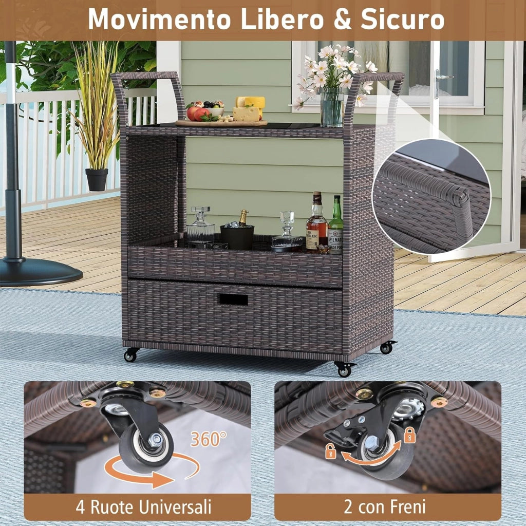 Carrello Bar in Rattan da Esterno, Tavolo Bar Mobile con Piano in Vetro Temperato, Ripiano Aperto e Cassetto Capiente, Carrello di Servizio per Patio Veranda Cortile e Giardino