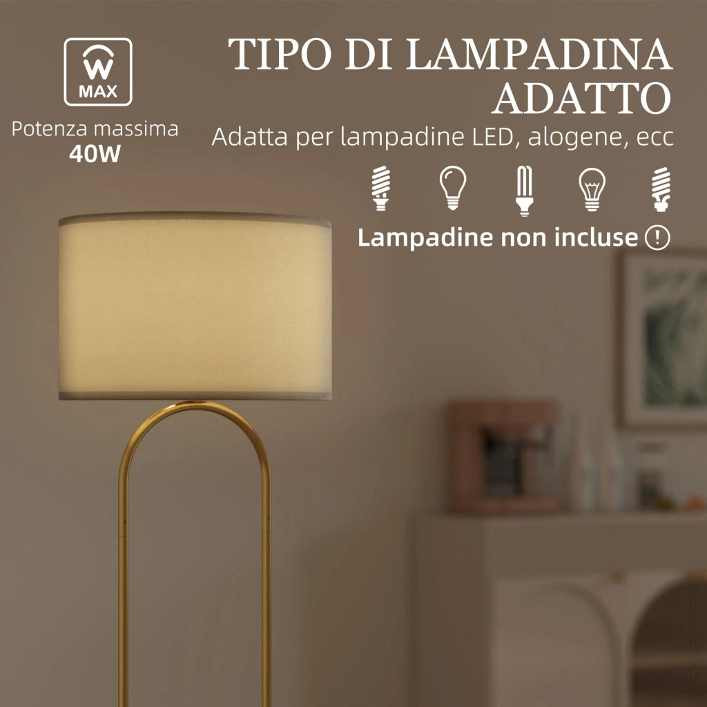 Lampada da Terra Moderna con Paralume in Tessuto, Doppio Tubo Metallico e Interruttore a Pedale, Oro