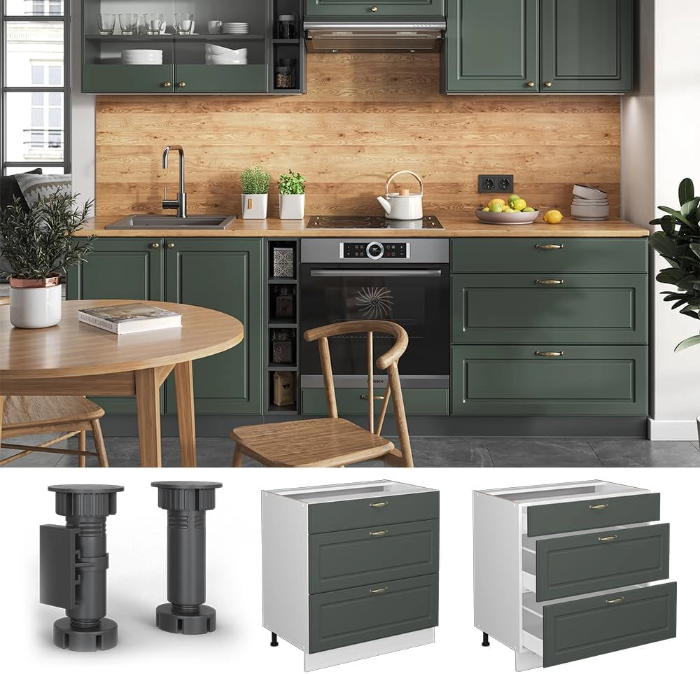 Mobiletto base per cucina Fame-Line, Verde-oro Country House, 80 cm con 3 cassetti, senza piano di lavoro, per la combinazione con altri moduli della serie Fame-Line