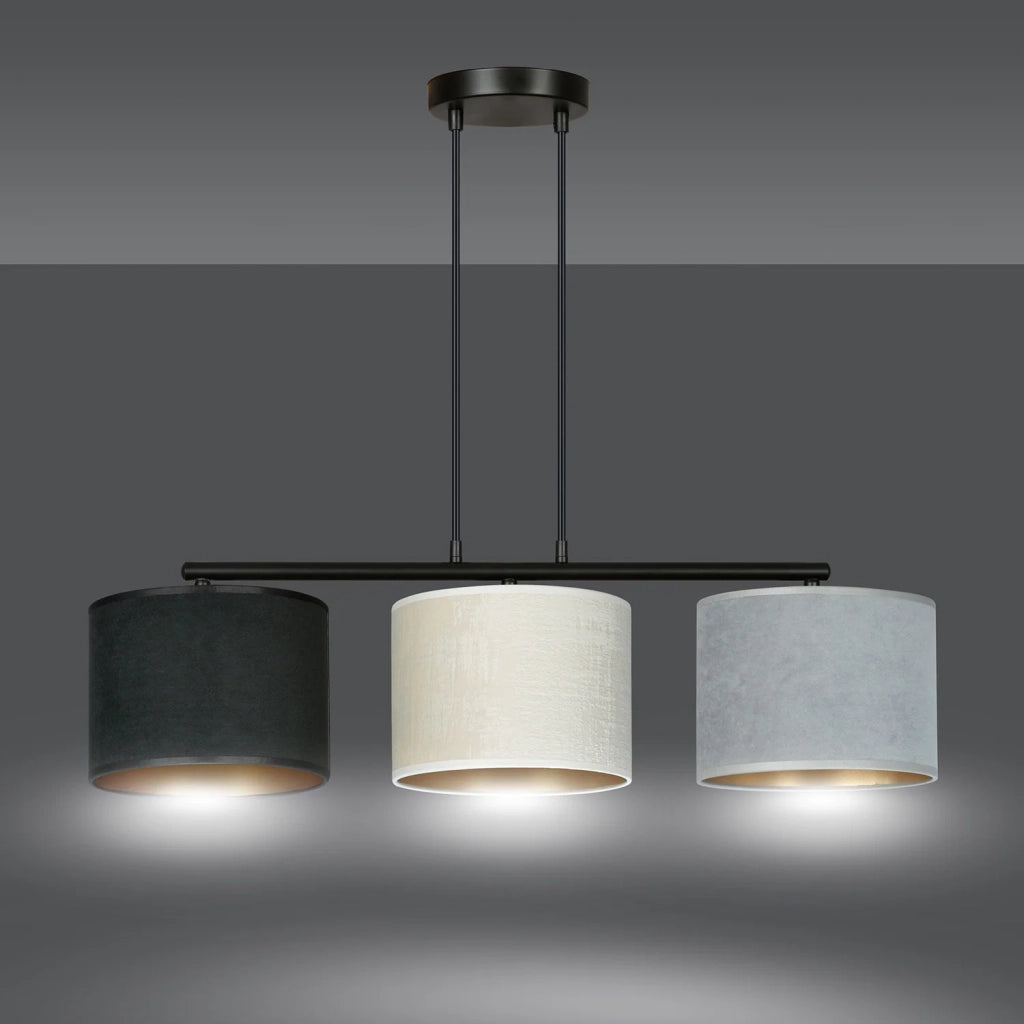 Lampadario 3 Luci Ganesha In Acciaio Nero E Paralumi In Tessuto Multicolore