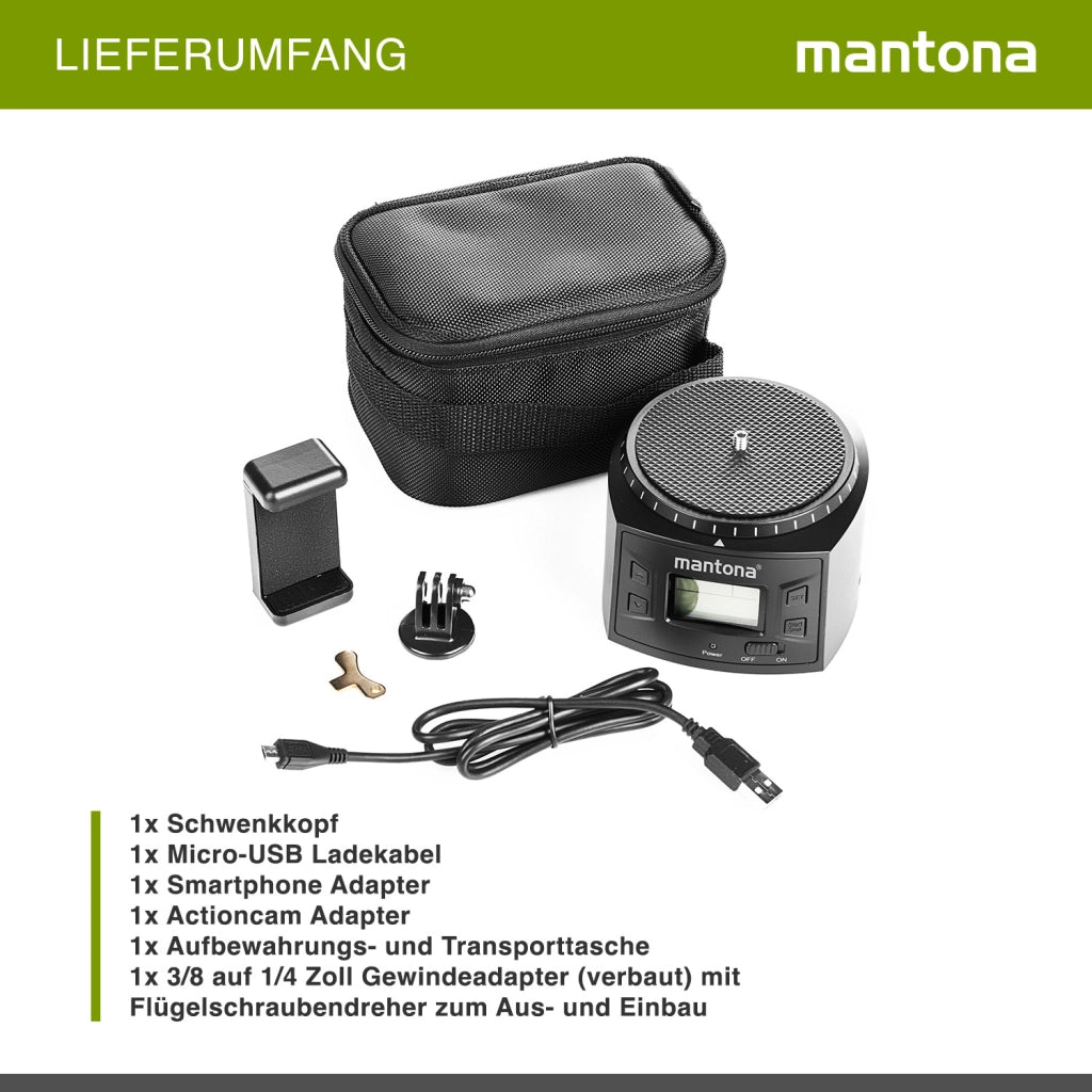 Mantona Electric 360° Panorama Head - Testa per treppiede programmabile per time-lapse e riprese intervallate, capacità di carico di 2 kg, testa panoramica ideale per GoPro e gli smartphone