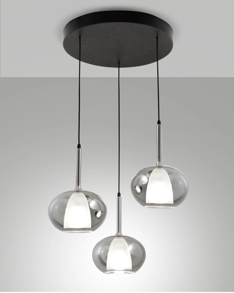 Lampada a Sospensione Edolo Ø450mm in metallo e vetro borosilicato Fumé, 3x E27 40W, IP20, Classe 1 - Design Moderno per Interni