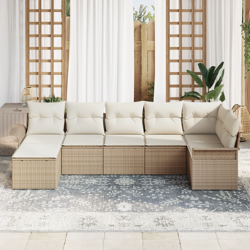 Set Divano da Giardino da 7 Pezzi con Cuscini Beige Poly Rattan