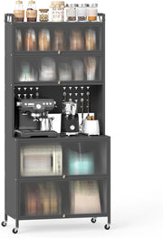 Credenza Alta per Cucina con 6 Ripiani e 4 Ante a Ribalta Traslucide, Mobile Cucina con Ruote e Panello a Ganci, Armadio Cucina Porta Microonde, per Soggiorno (Grigio, 80 x 40 x 178 cm)