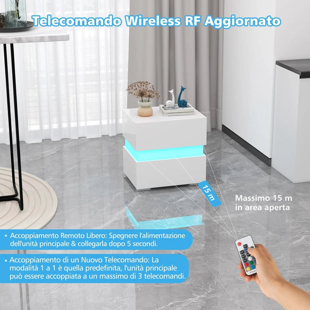 Tavolino a LED, Tavolino con Cassetto, Telecomando, 22 Modalità di Luce, 10 Velocità e 5 Luminosità, Comodino Moderno da Salotto e Camera da Letto (2, Bianco)