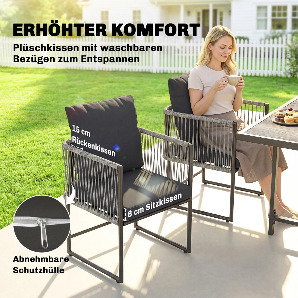 Set di mobili da giardino in polirattan a 5 pezzi; tavolo e 4 sedie; piano DPC; cuscini grigi; risparmio spazio