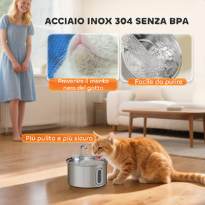 Fontanella per Gatti Ø19,4x18,7 cm Capacità 2,5L con Luce LED e 2 Modalità di Flusso in Acciaio Inox Argento
