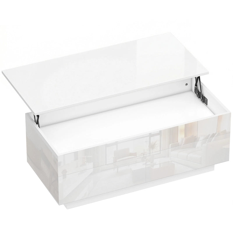 TAVOLO Caffè sollevabile 102x48x40 cm Bianco lucido con 2 cassetti