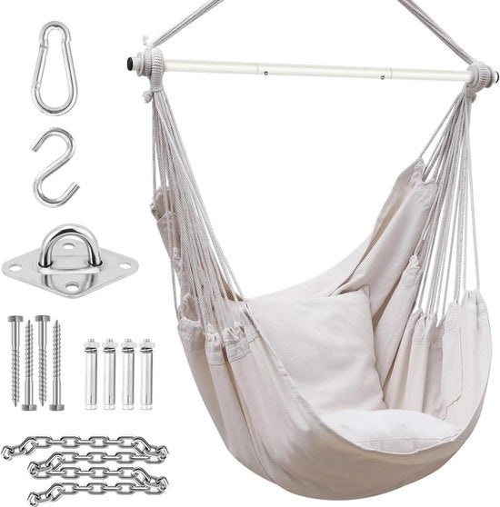Sedia oscillante da esterno in acciaio con kit di fissaggio, 2 cuscini e supporto metallico
