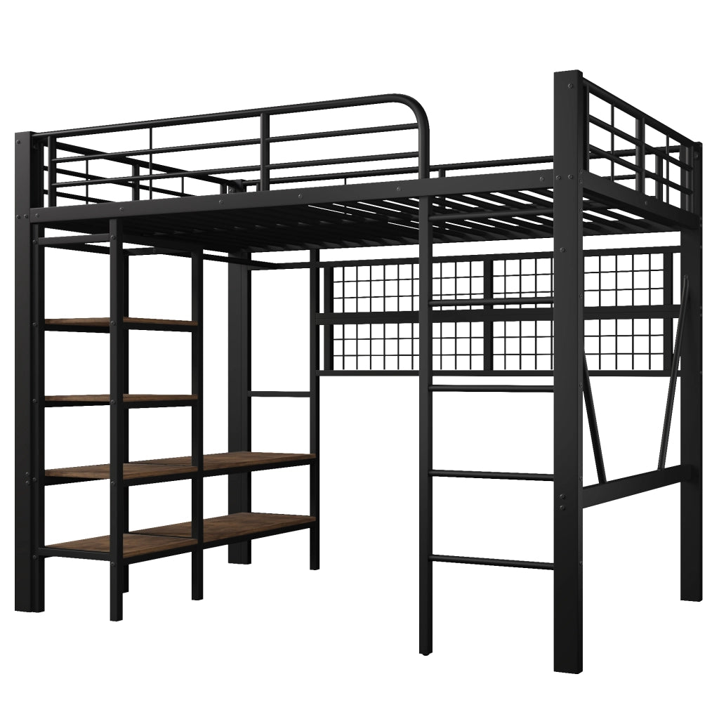 Letto a Soppalco con LED ¨C MINIMAL ¨C Ferro Nero 140x200, Barra Appendiabiti, Senza Materasso