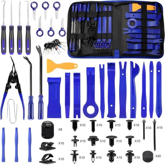 Kit di utensili per auto demontaggio 330 pezzi, utensili per rimuovere rivestimenti e cruscotto, kit di utensili per auto con wiggen per rivestimenti, utensili per rivestimenti e penna per rimuovere connettori e audio.