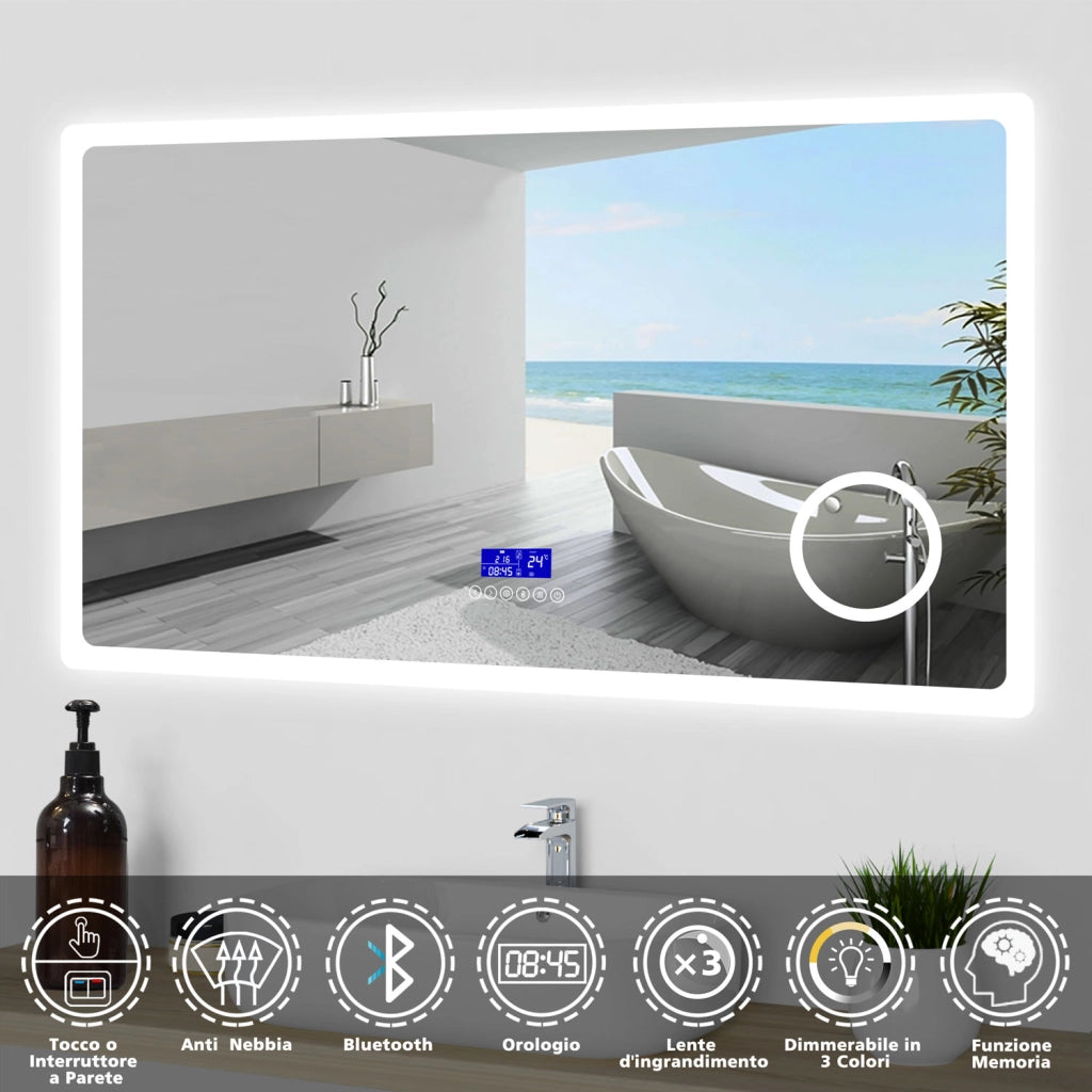 Aica Specchio da bagno bluetooth 140x80cm con antiappannamento + dimmerabile + 3 colori + ingrandimento 3X