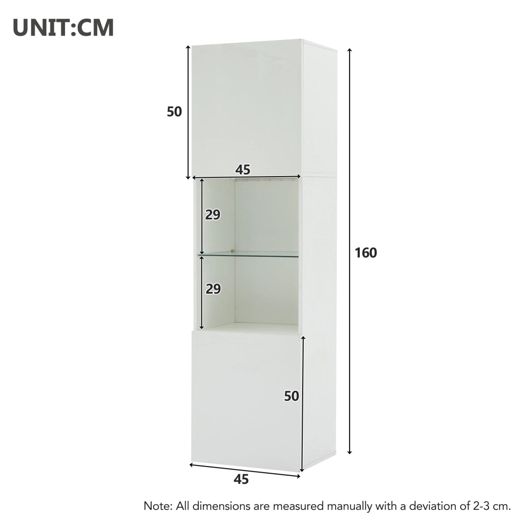 Vetrina con LED e 1 ripiano in vetro, anta lucida, per soggiorno e ufficio, truciolare bianco, 45 × 35 × 160 cm