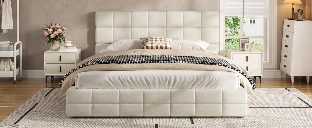 Letto imbottito matrimoniale 180 × 200 cm con testiera, senza materasso, in velluto beige, struttura in MDF e multistrato