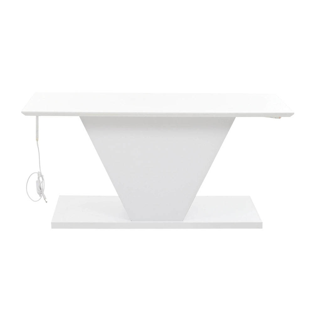 Tavolino da caffè 100x50x46 cm; illuminazione LED e forma a V; truciolato; bianco