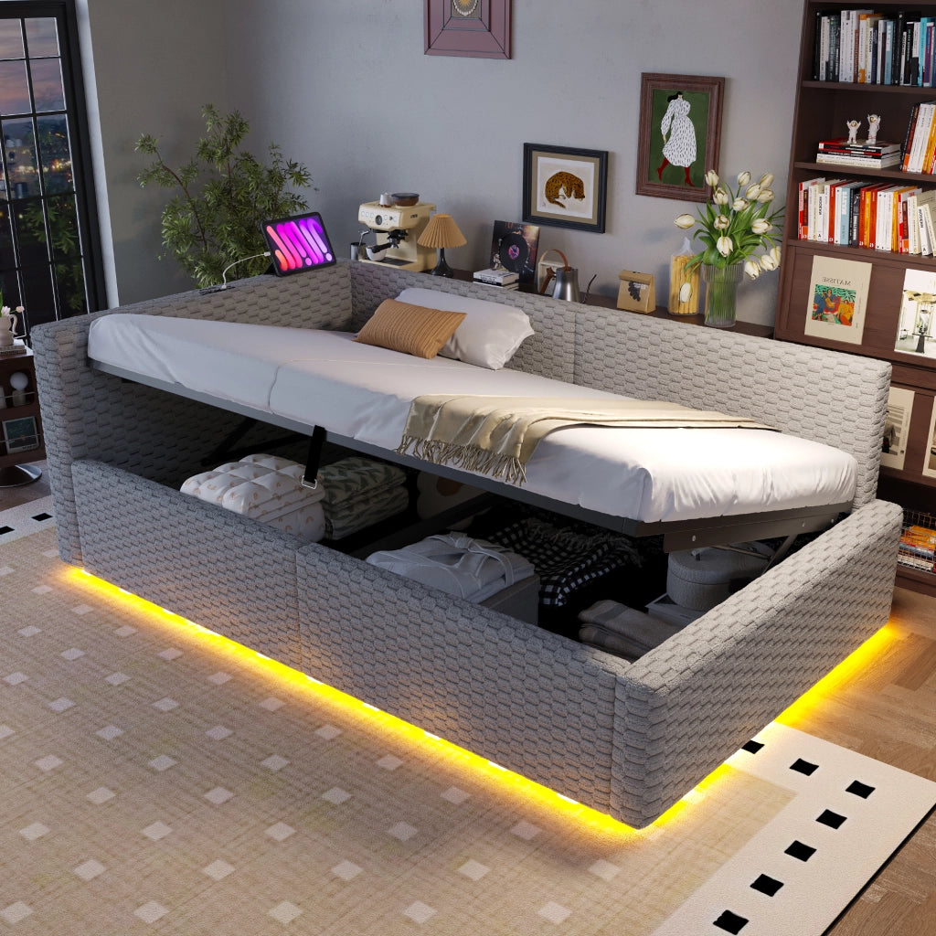 Letto divano 90 × 200 cm con contenitore idraulico, LED, 2 USB et Type-C, senza materasso, in velluto grigio