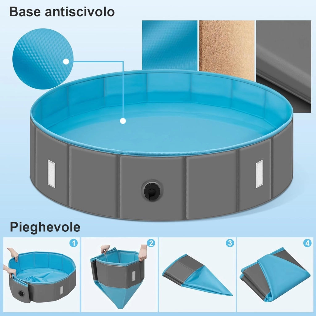 Piscina Cani Gatti con Copertura, Vasca da Bagno Pieghevole Portabile, PVC Piscina per Animali Domestici, Pool Esterno Drenaggio Laterale Veloce, 80x20 cm