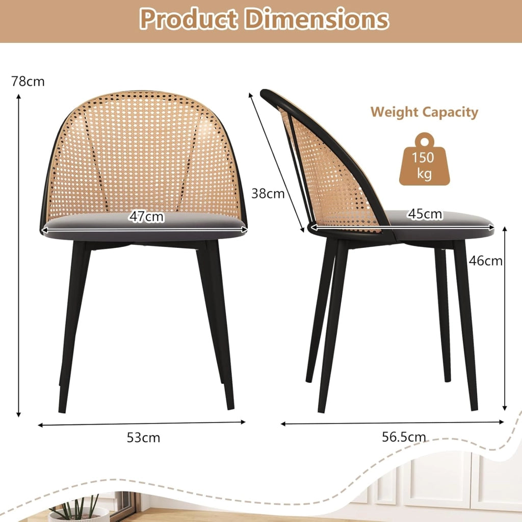 Set di 2 sedie da pranzo in rattan, da cucina senza braccioli con schienale intrecciato e gambe in metallo, da ristorante, portata fino a 150 kg, sedie imbottite in rattan