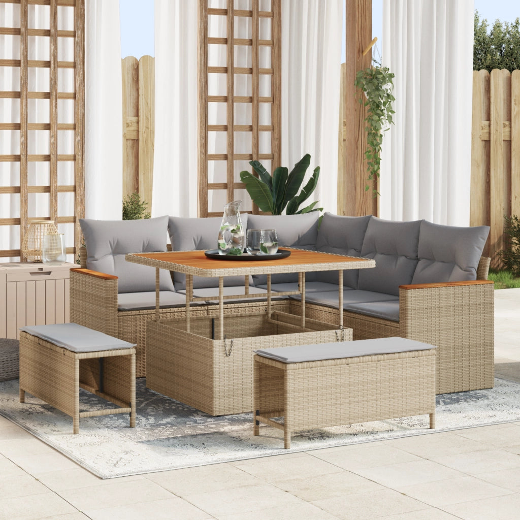 Set Divano da Giardino 8 Pezzi con Cuscini Beige Rattan Acacia