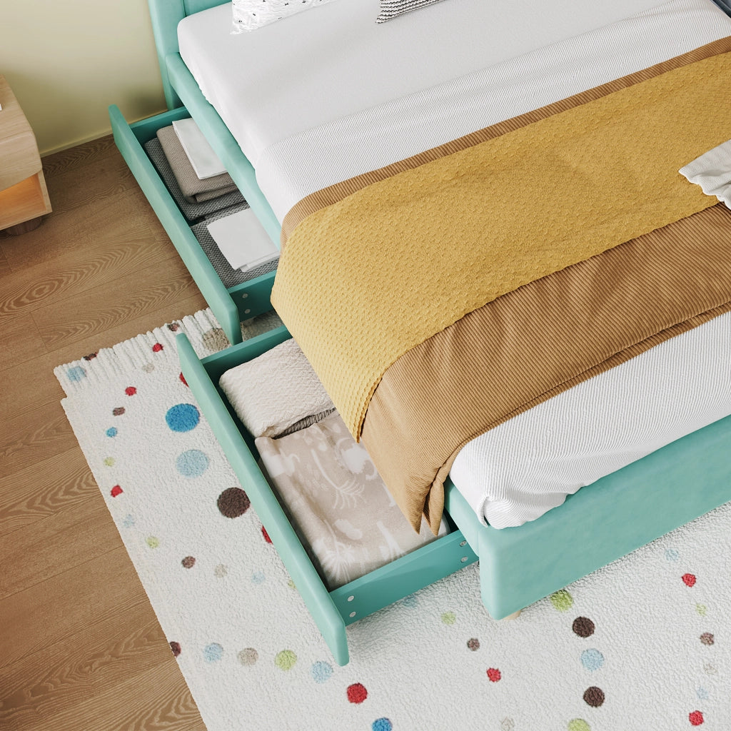Letto per bambini 140x200 cm con 4 cassetti in velluto blu verde