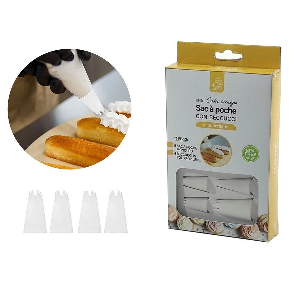 Trade Shop - Set 12pz Sac A Poche Monouso Con 4 Beccucci In Polietilene Per Farcire Decorare Dolci -