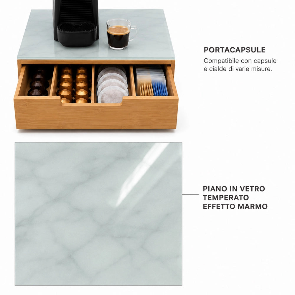 Portacapsule Piano Vetro Effetto Marmo Sky White Portacialde Organizer 31.5x10cm