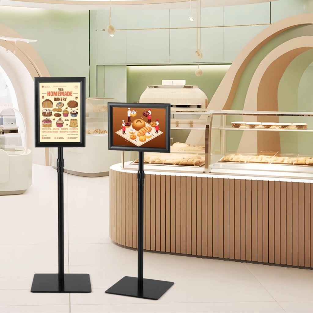 A4 supporti da piedistallo autoportante poster stand in metallo girevole, Supporti da piedistallo regolabile 73-123cm Nero-Espositore pubblicitario