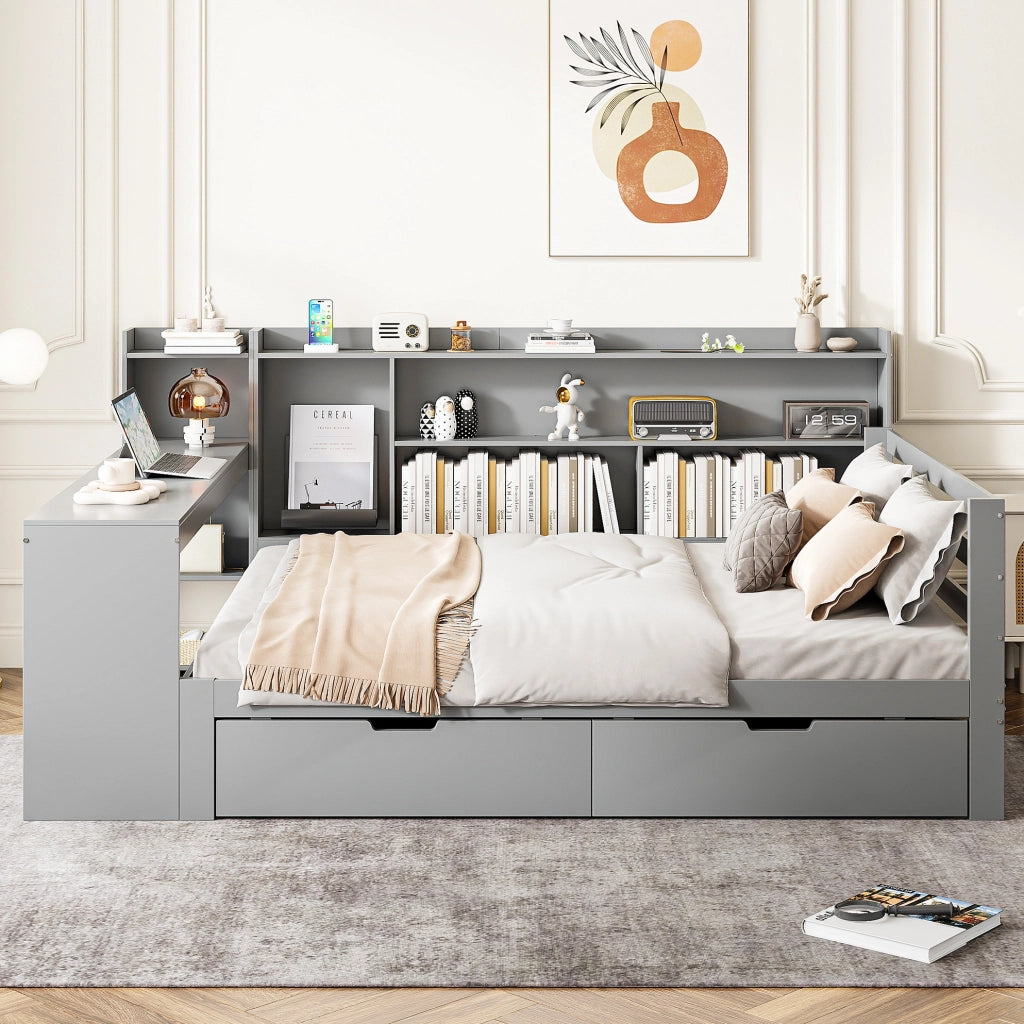 Divano letto multifunzione 140x200 cm con scrivania; libreria; 2 cassetti e prese USB; grigio