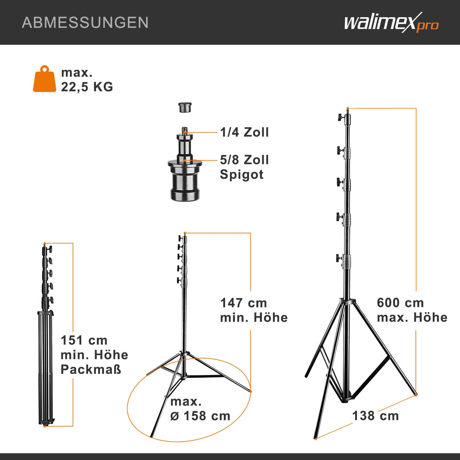AIR Jumbo 600 Stativo per luci max 22,5 kg Cavalletto fotografico con altezza fino a 600 cm, in alluminio, Treppiedi con attacco per apparecchiature foto e video
