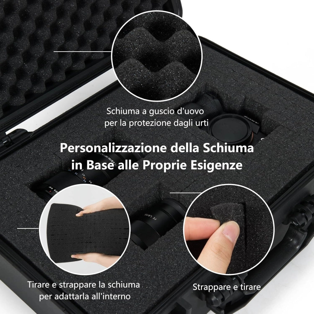 Valigetta per Macchina Fotografica Impermeabile, Custodia per Fotocamera con inserto in Schiuma Regolabile, Impermeabile IP66 e Antipolvere, 47 x 37 x 18 cm, Nero
