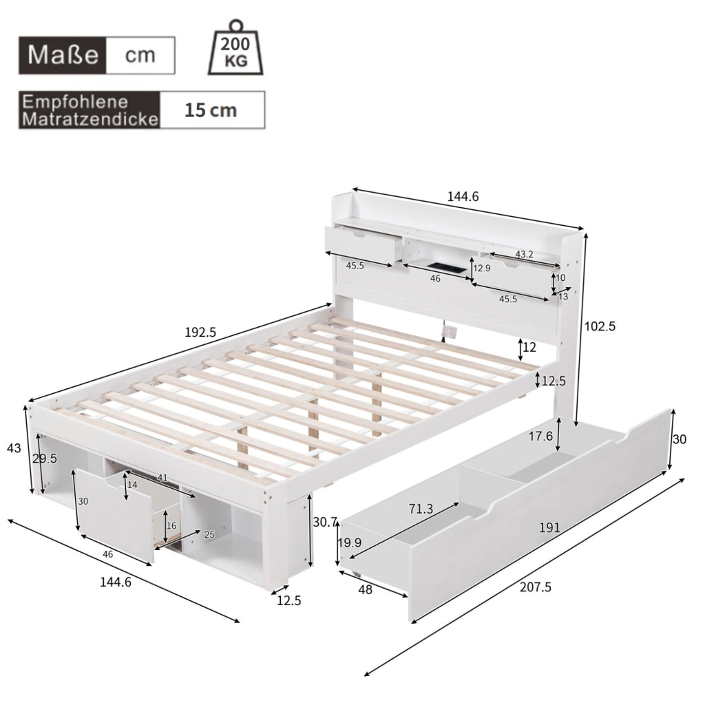 Letto 140x190 cm con USB; vani e cassetti; legno di pino e MDF bianco (Senza materasso)