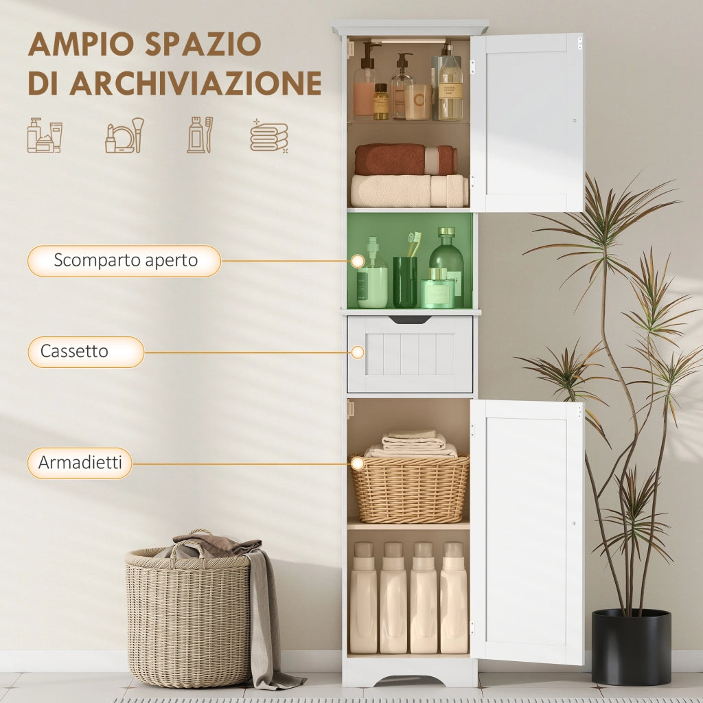 Mobile Colonna Bagno 40x30x170 cm con 2 Armadietti con Sensore Ripiano Aperto e Cassetto in Legno Bianco