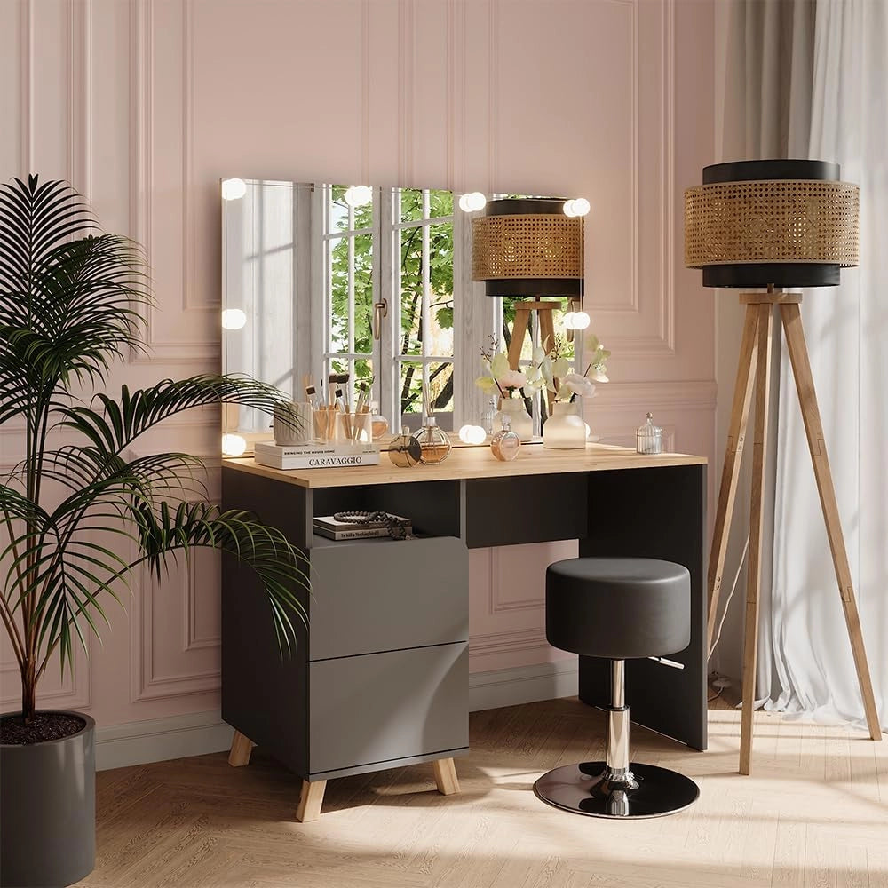 Tavolo da toeletta Karen, Antracite/Artisan, 110 cm con sgabello e luci fiabesche a LED, Materiali robusti per un utilizzo duraturo