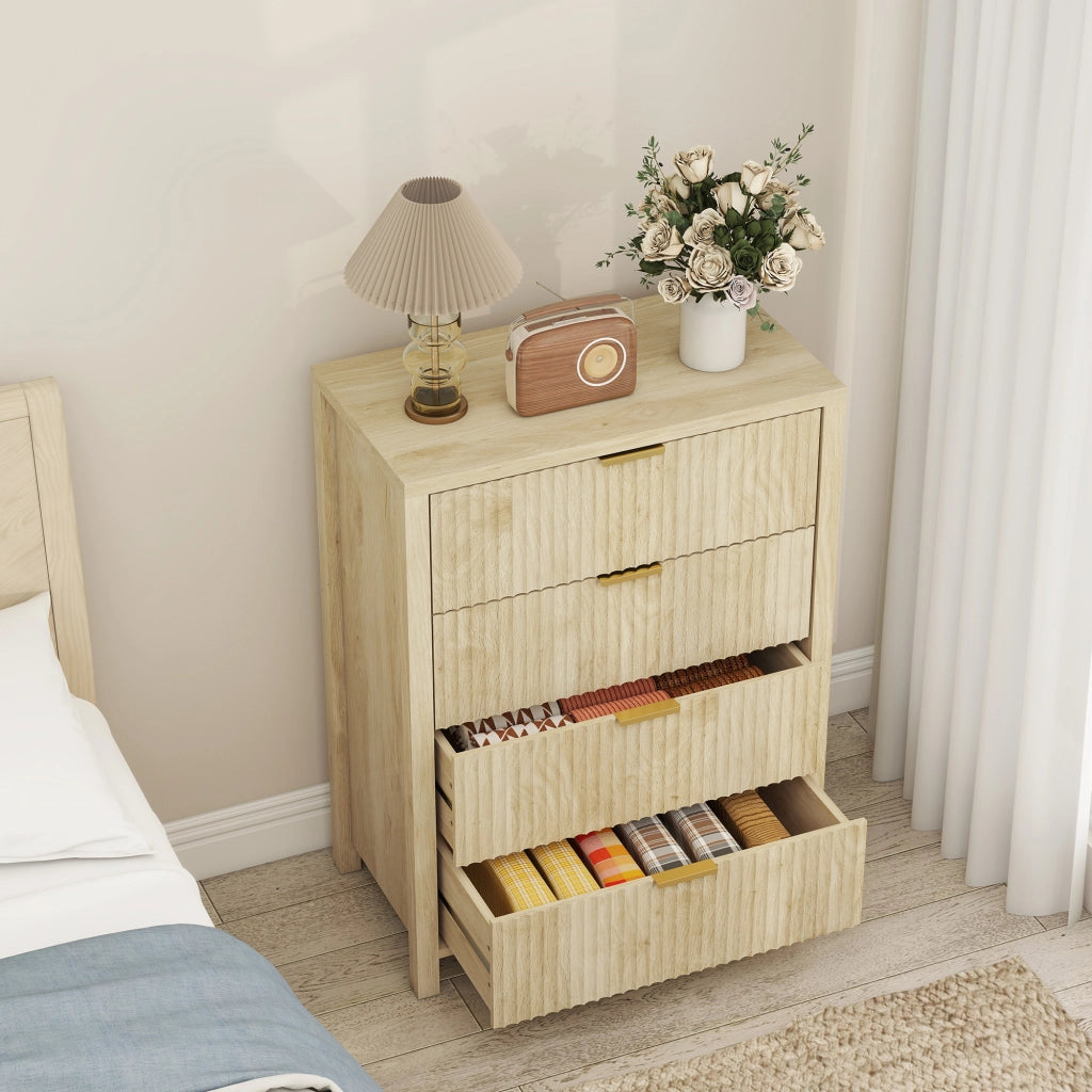 Cassettiera con 4 Cassetti Design Canettato 70x38x93 cm Maniglie Dorate in MDF Color Legno