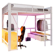 Letto a Soppalco 140x200 cm; USB; LED; Scrivania; Guardaroba aperto; 3 Cassetti - Bianco