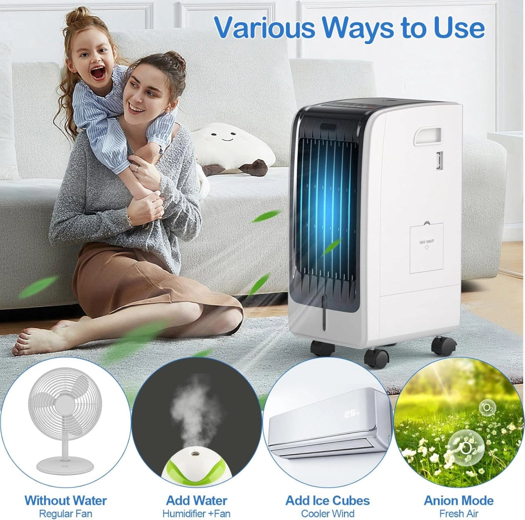 Raffreddatore d’Aria 75 W, 3 in 1 Air Cooler & Ventilatore & Umidificatore, 3 Modalità, 3 Velocità Regolabili, Timer 8 H, Serbatoio Acqua 6L, Telecomando, per Salone, Camera da Letto, Ufficio
