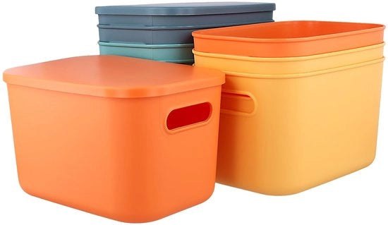 Cassetta di Stoccaggio in Plastica 8 Pezzi - Pieghevole - 4 Colori - Leggera e Resistente - 25 x 17,5 x 14,5 cm - Spaziale - Cassetti di Stoccaggio