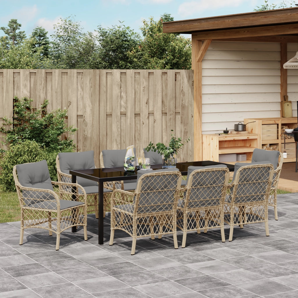 Set da pranzo da giardino 9 pezzi con cuscini beige in polyrattan