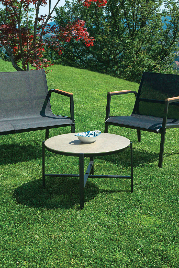 Set Salotto da Giardino Divano 2 Poltrone e Tavolino Tarquinia in Ferro e Textilene Antracite