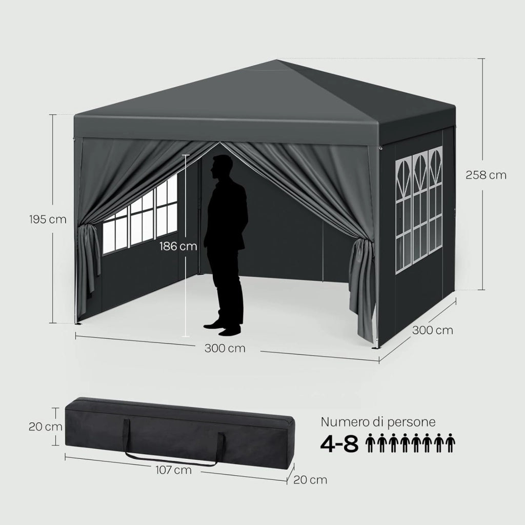 Gazebo da Giardino Richiudibile 3x3m Gazebo da Esterno Ferro Regolabile in Altezza Tendone Pieghevole con Telo Idrorepellente, Protezione Solare, Facile Montare Antracite