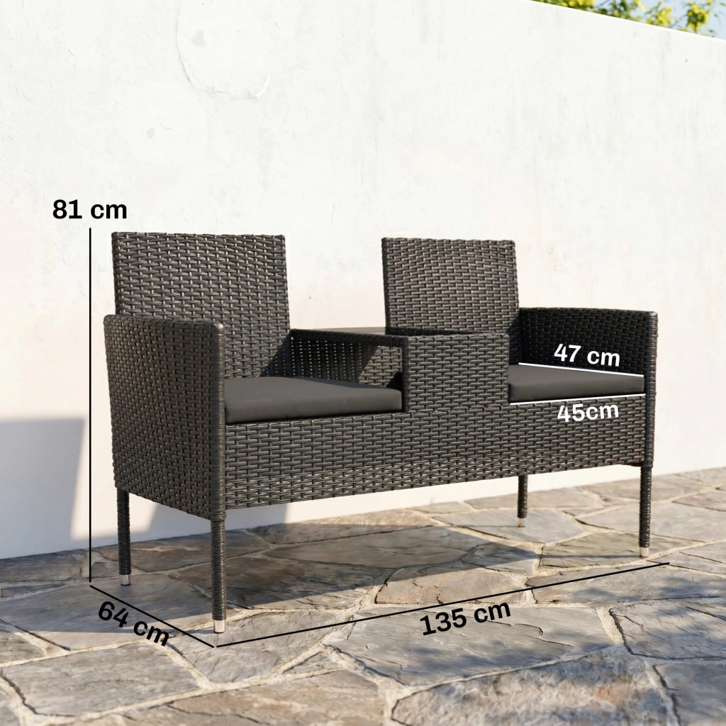 Divanetto 2 Posti per Esterni con Tavolino ¨C zephmum ¨C Acciaio e Rattan, Nero, 137x59x82 cm