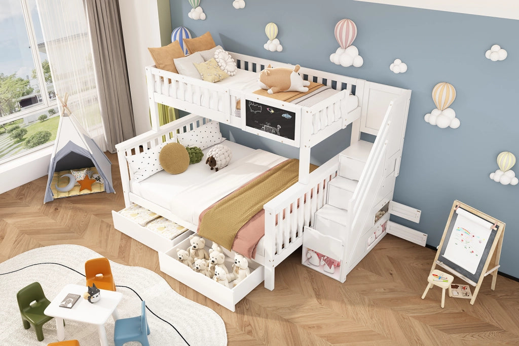 LETTO a castello per bambini 90x200/140x200 cm con lavagna e cassetti Bianco