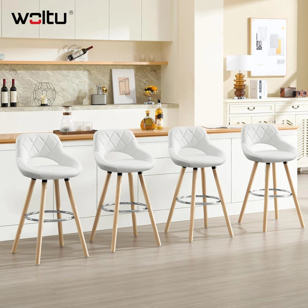Sgabelli da Cucina Set di 6, Sgabello da Bar per Colazione, Sgabelli Alti con Poggiapiedi e Schienale, Sedile in Pelle Sintetica+Gambe in Legno, Bianco, BH111ws-6