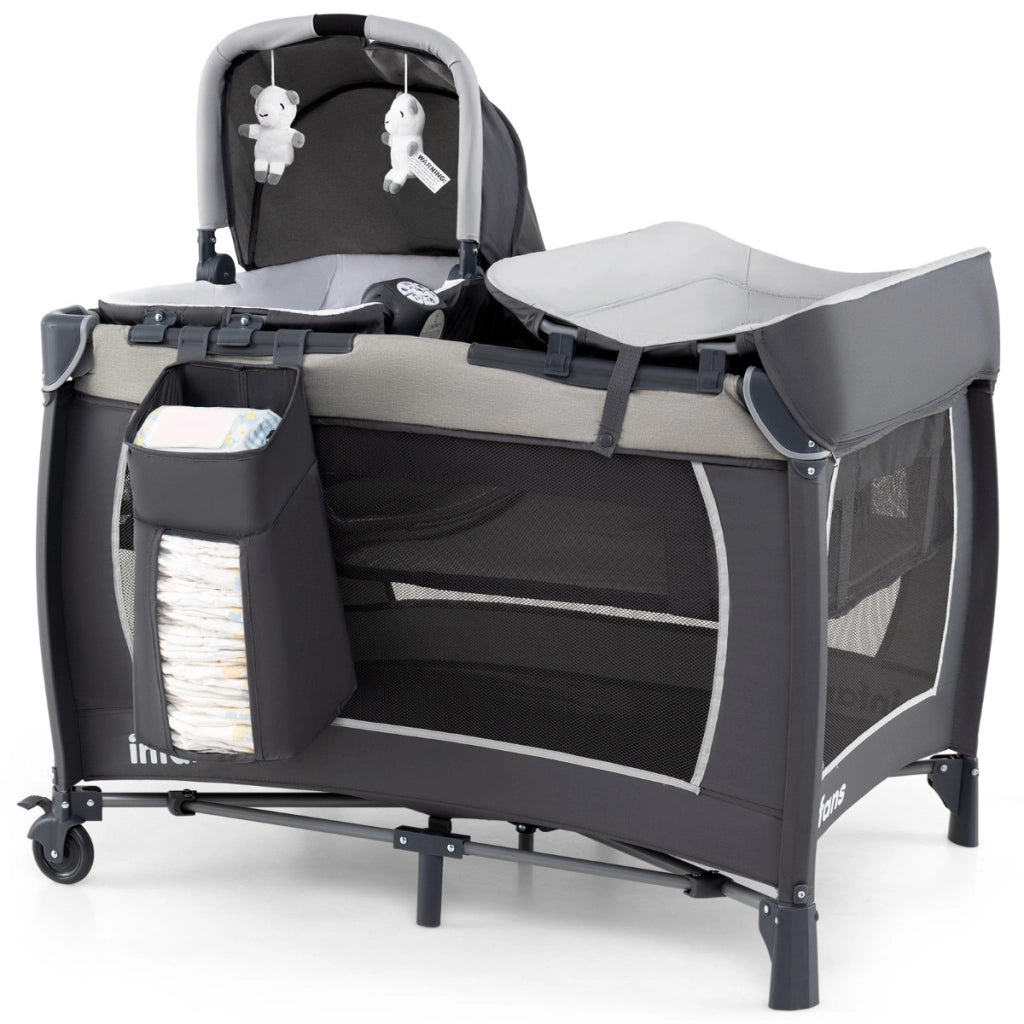 Lettino pieghevole con fasciatoio materasso con cestino e borsa da trasporto, Centro attivit¨¤ per bambini 5 in 1 Grigio-Culle