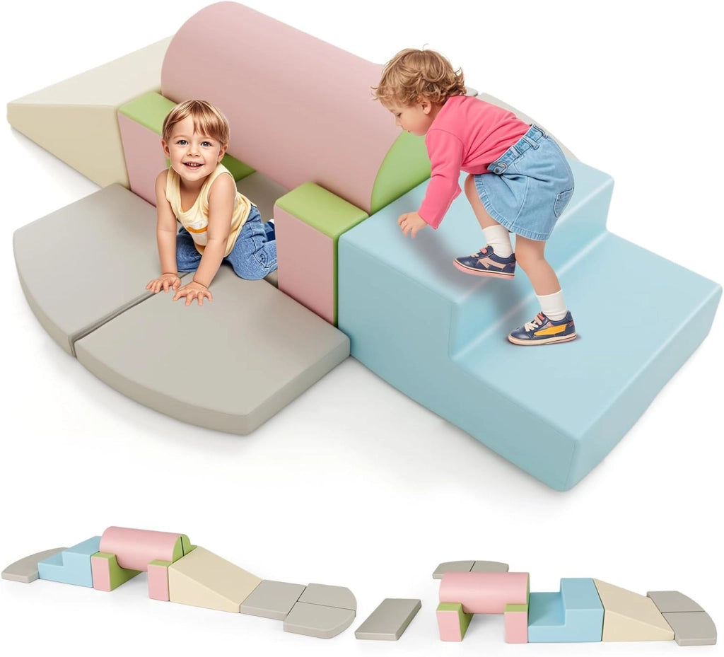 Set 10 Giocattoli da Arrampicata per Bambini, Blocchi da Costruzione in Schiuma Morbidi, Set Attività per Gattonare e Scivolare per Neonati 1-3 Anni (Verde)