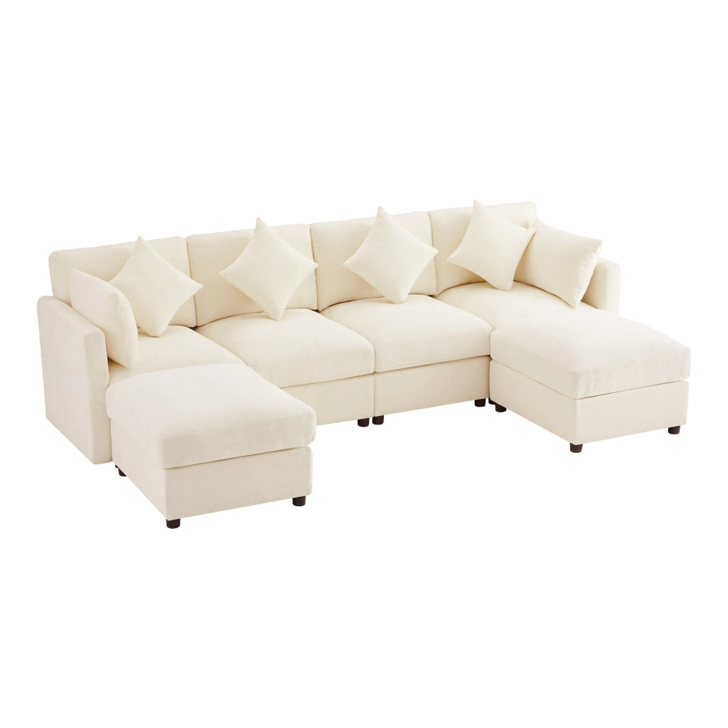 Divano angolare modulare 4 posti con braccioli regolabili e 2 pouf in ciniglia beige