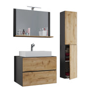 Luce Set Bagno 4 Pezzi Mobile sospeso 2 casetti con lavabo bianco large in ceramica incl Colonna e specchio, Antr./Rovere
