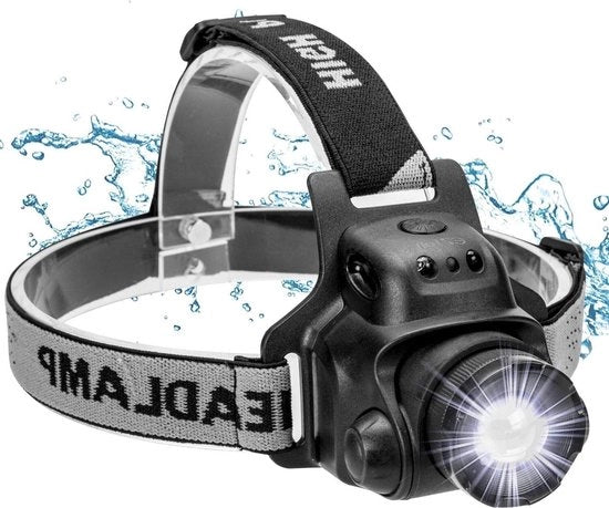 Lanterna per capo con sensore di movimento - ricaricabile via USB - impermeabile - 4 livelli di luminosità - regolabile di 90 gradi - cintura regolabile - messa a fuoco regolabile